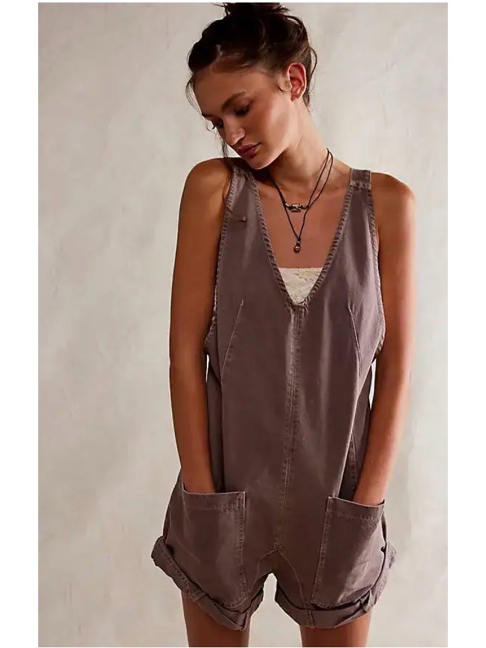 Women's Washed Brown Denim Romper - Casual V-Neck Overalls